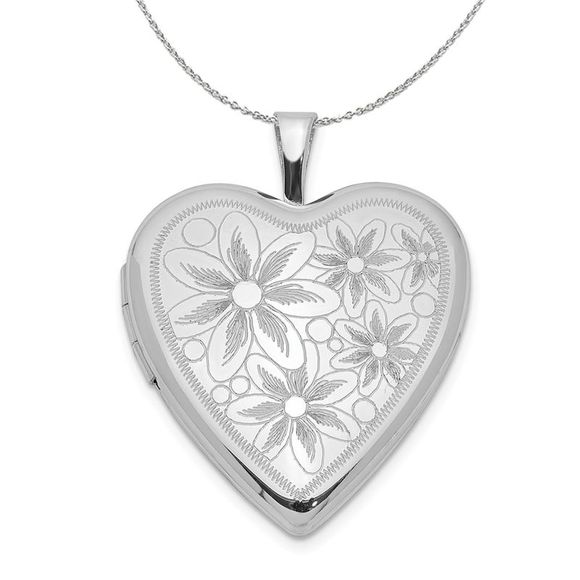 Sterling Silver 20mm Textured Daisies Heart Locket Necklace - 20 Inch